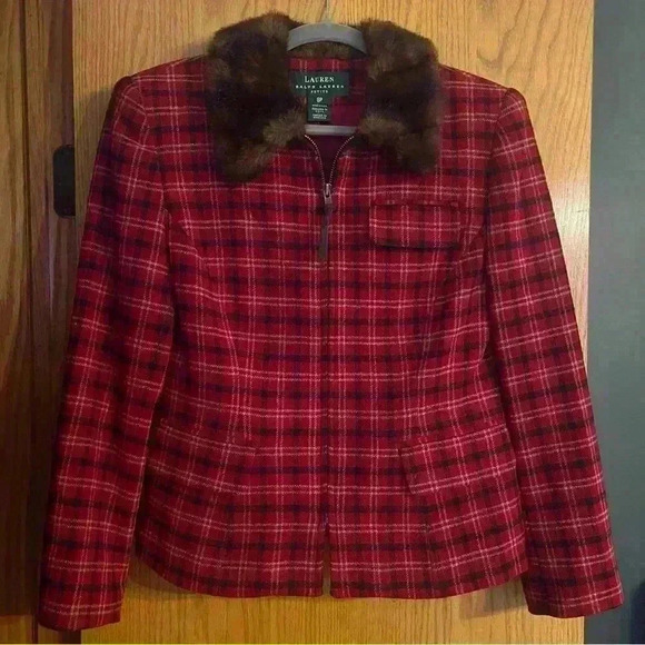 Vintage lauren ralph lauren red plaid faux fur collar jacket women's 8P - Picture 1 of 12